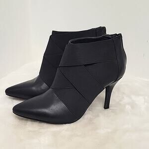 Mari A MA-Stretchie Black High Heels Zip Up Back Criss Cross Elastic Bands Sz 6